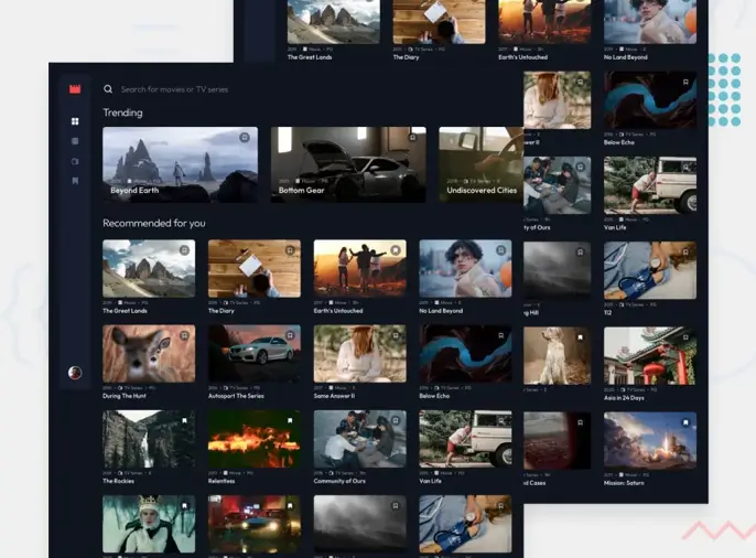 screenshot of video player app with grid of thumbnails of movies and TV shows